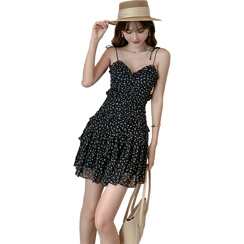 

French Style Sexy Party Dresses Women Evening Off Shoulder Spaghetti Strap Dress Woman Corset Print Floral Mini Sundresses Women