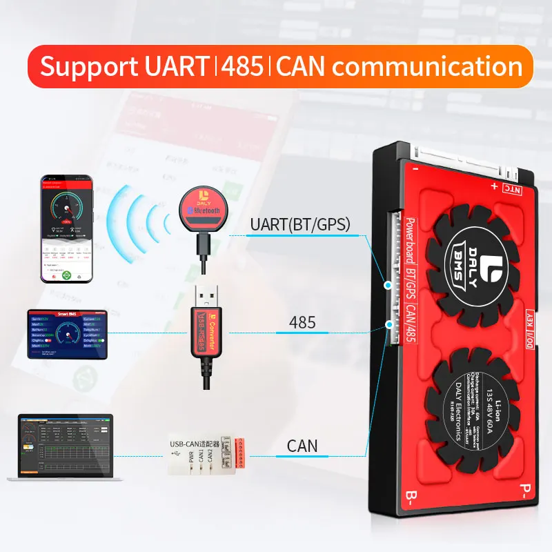 18650 smart BMS 10S 36V 80A 100A 120A Bluetooth 485 to USB device NTC UART software togther Lion LiFepo4 Battery With Fan | Электроника