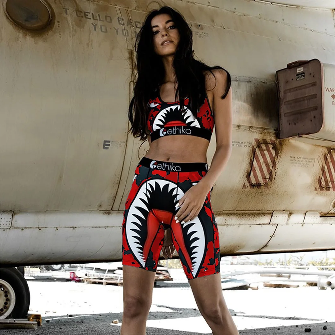 

New Ethika Sexy Printed Shorts Set Sport Fitness Activewear Two Piece Set Tank Top Tracksuit Swim Running Club Outfits Female