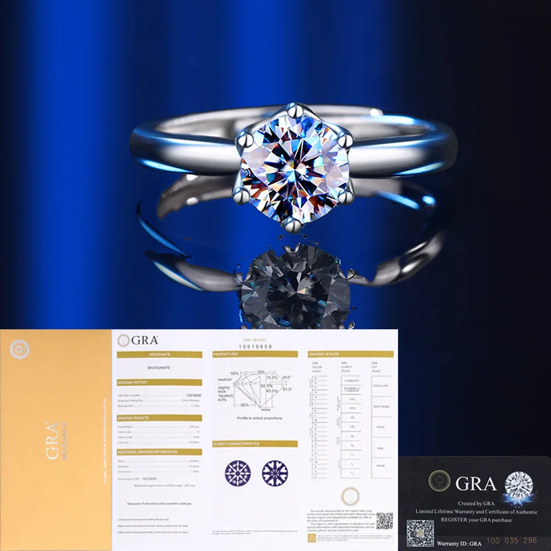 

Sterling Silver S925 Classic Moissanite Diamond Ring Simple Fashion Temperament Six Prong Wedding One Carat Open Diamond Ring