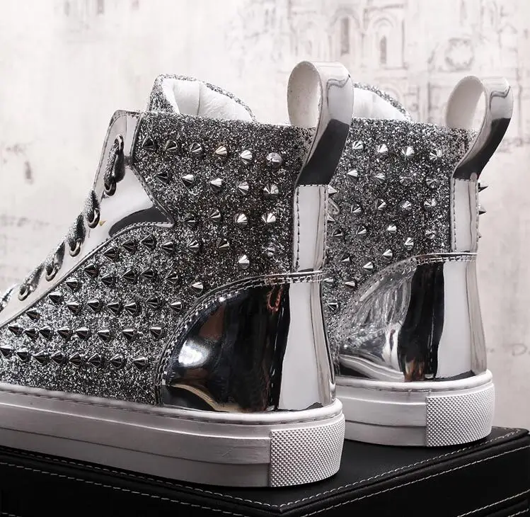 

Luxury designer shiny rivet men shoes fashion sneakers spikes high tops punk men Casual shoes rivet boots