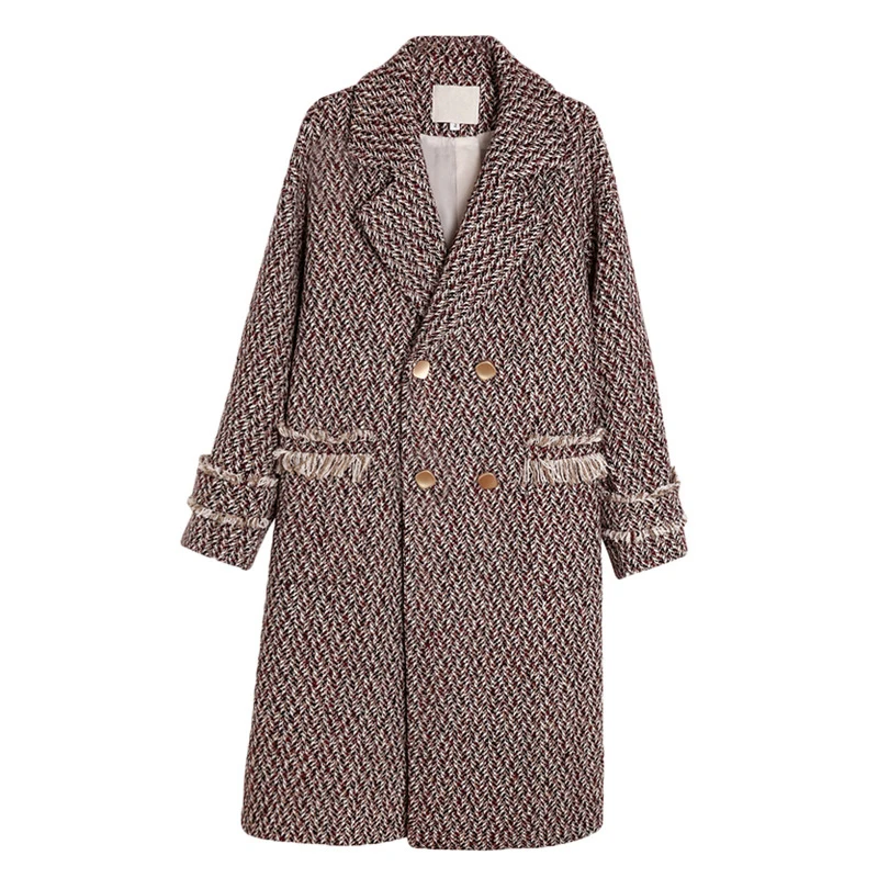 

Autumn Winter Women Double-breasted Thicken Warm Long Coats 2021 Retro Houndstooth Woolen Coat Female Tassels Loose Overcoats