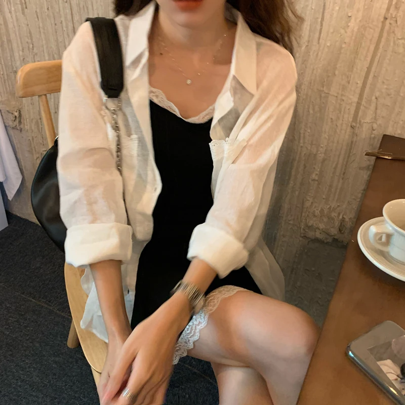 

Hzirip 2021 Autumn Shirt For Women Solid Thin Pockets Loose Sun Protection Sweet Elegant Gentle Casual Female Office Lady Top