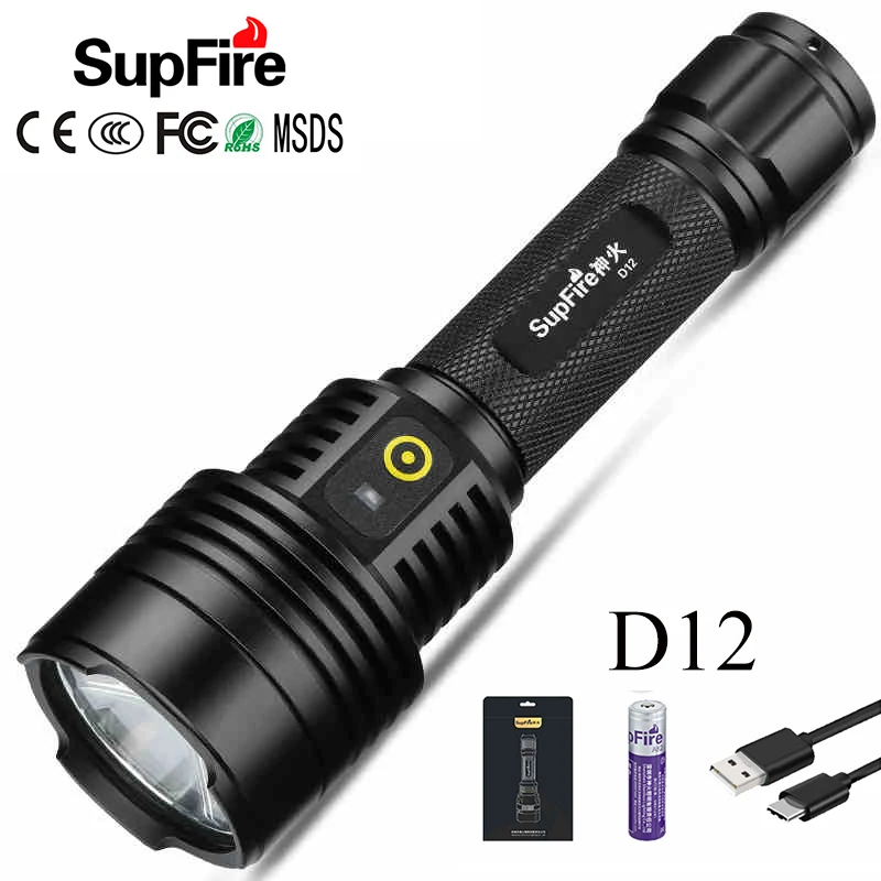 Supfire высокомощный заряжаемый светодиодный вспышка светильник фонарь D12 Linterna Фонарик светодиодный 18650 вспышка светильник 1500lm для Imalent Fenix Sofirn зарядное устройство Nitecore Nicron светильник S067