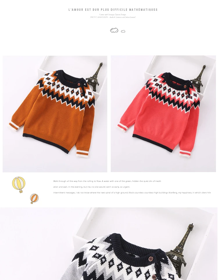 Boys sweater spring and autumn new girls clothes wear geometric cotton knitted baby pullover sweater