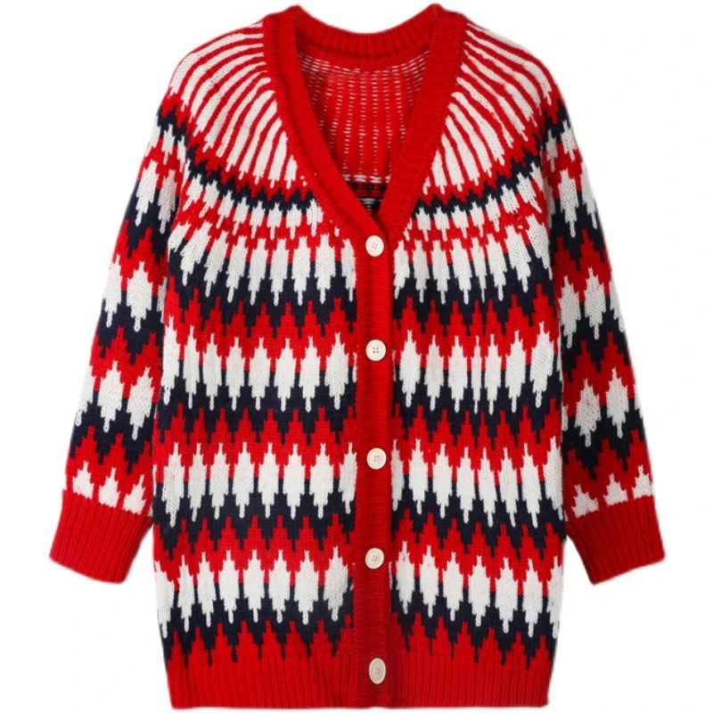 

Женский трикотажный кардиган, однобортный Свободный кардиган контрастных цветов в форме алмаза с V-образным вырезом, весна 2022