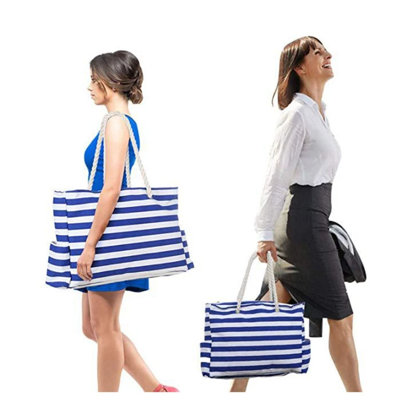 

Extra Large Beach Bag Key Holder Bottle Opener Two Outside Pockets Top Zipper Closure Rope Handles Canvas Shoulder Bag X7YA
