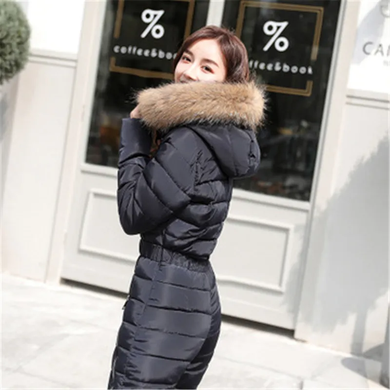 Winter new down cotton pad women fashion women two-piece cotton Raccoon Fur collar hooded thick warm jumpsuit women G1156