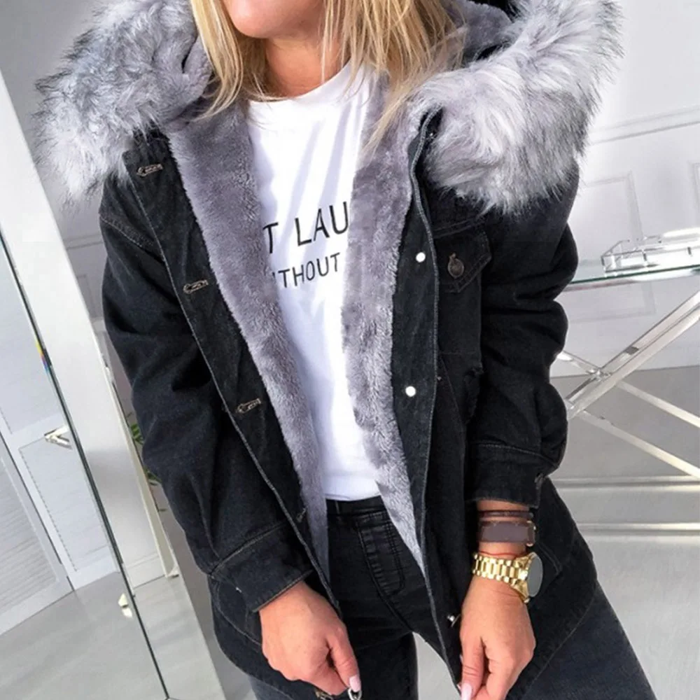 Женское теплое мягкое меховое пальто джинсовая куртка зимнее плюшевое