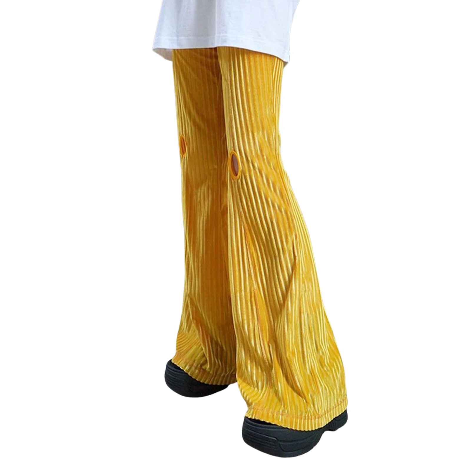 

Autumn Women Casual Ripped Bell-bottom Trousers Creative Solid Color High Waist Velvet Surface Yellow Long Pants
