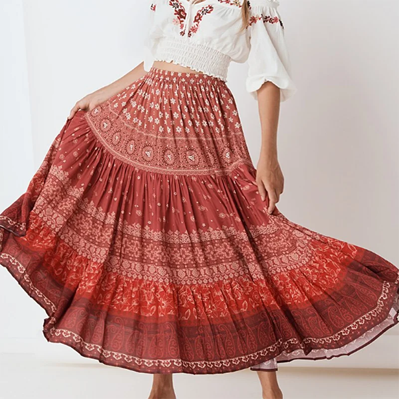 Boho шикарная летняя винтажная плиссированная юбка макси с цветочным принтом женская мода эластичный лоскутный пояс пляжные женские юбки mujer