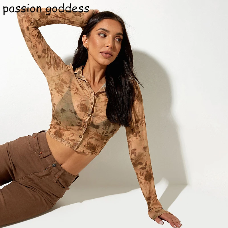 

Summer New Women Sexy Long Sleeve See Through Mesh Print Crop Blouse Shirt Turn Down Collar Bodycon Slim Streetwear Fashion Tops