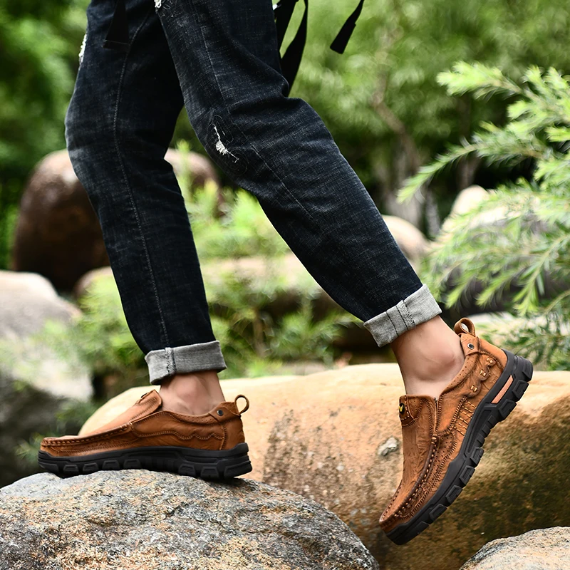 Men shoes geuine leather Non-Slip Hiking Shoes First Layer Cowhide Leather Sneakers lace up oxofrds Breathable Boots | Обувь