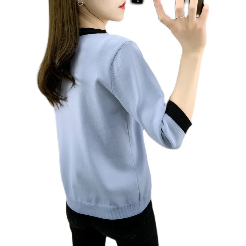 

19839 (6 rooms, 5 rows, No.7 Middle) real shot ice hemp color matching round neck middle sleeve knitting sleeve 46