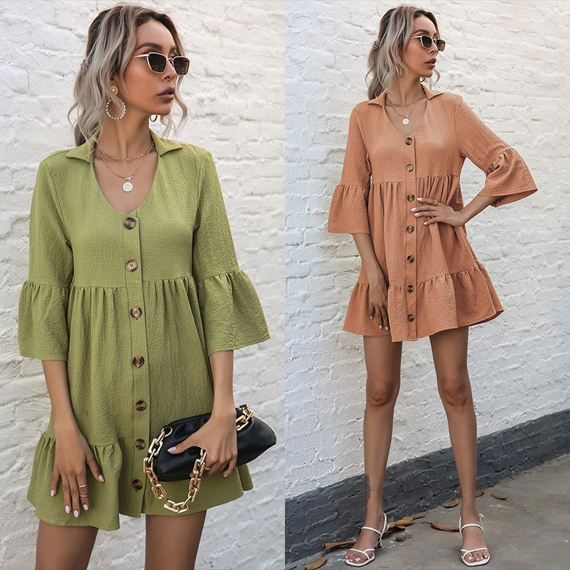 

2021 Women Dress Solid color lapel mid-sleeve loose pleated shirt dress Elegant Female Summer Spaghetti Dress Casual dresses