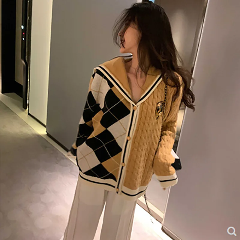 

2021 autumn and winter new college regular knitted cardigan small retro all-match diamond sweater jacket women