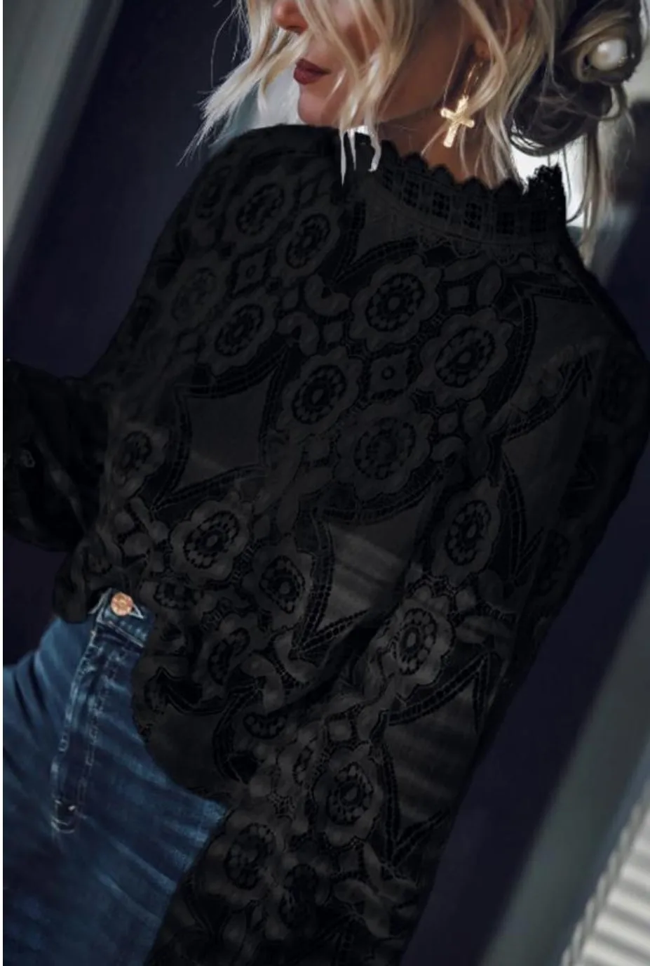 

Elegant lace blouse shirt Sexy hollow out embroidery feminine blouse Women long lantern sleeve summer tops female