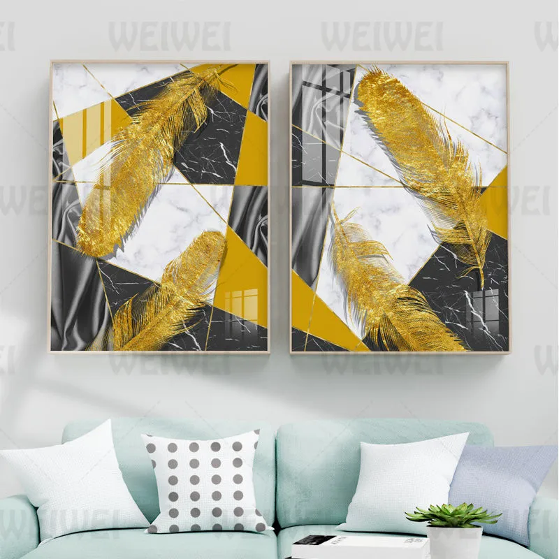 

Abstract Geometric Color Block Prints Golden Feather Home Decoration Painting Golden Lines Segmentation Living Room Wall Canvas