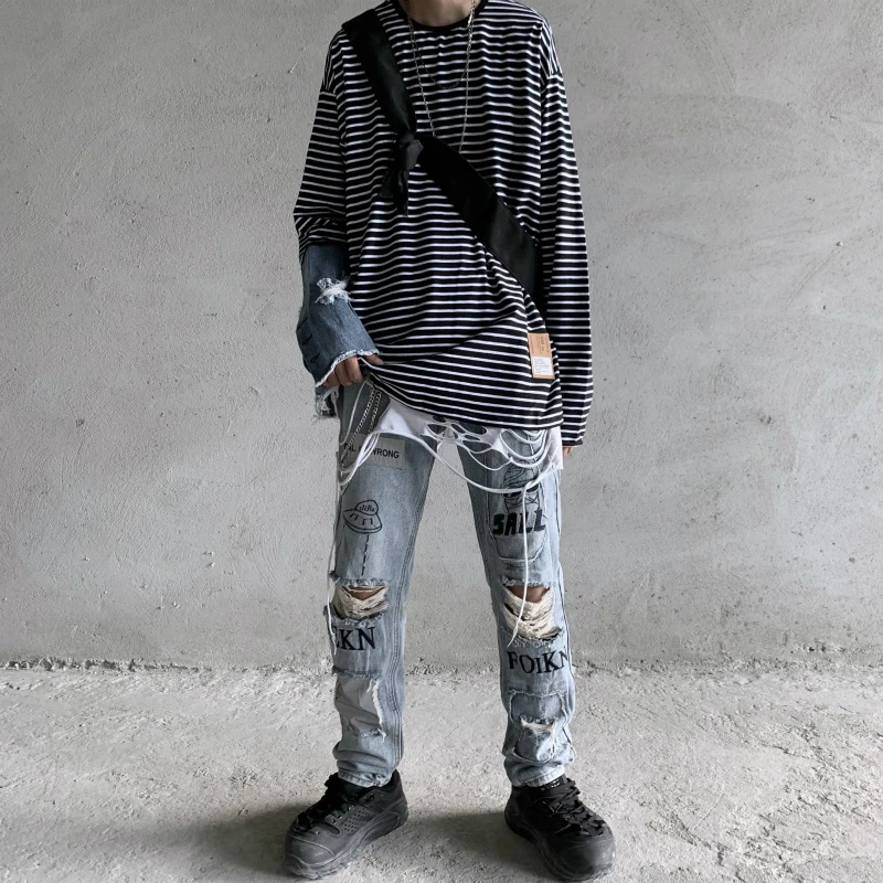 Мужские светильник сы с вырезами на коленях С Вышивкой Букв|Мужские джинсы| |