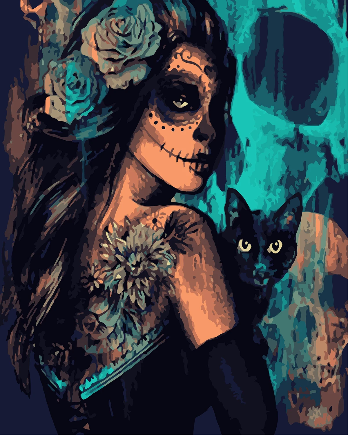 DIY Раскраска по номерам волшебный череп девочка Кот 16x20 дюймов для взрослых Diy