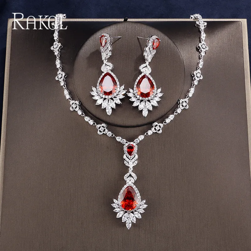Red Set RAKOL элегантный роскошный большой голубой цвет воды Dorp кулон серьги ожерелье Изысканный кристалл набор украшений для женщин RAS2014K - Окраска металла: Red Set