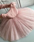 Милое платье на одно плечо для детей розовые платья с юбкой из тюля с жемчугом детское девичье платье для дня рождения рождественские платья