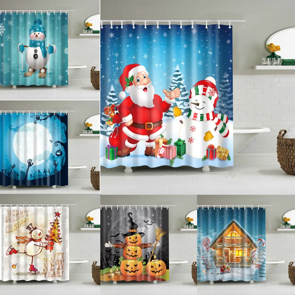 

Merry Christmas Shower Curtains Santa Claus Bathroom Curtain Fabric Waterproof Polyester Xmas Bathroom Curtain with Hooks
