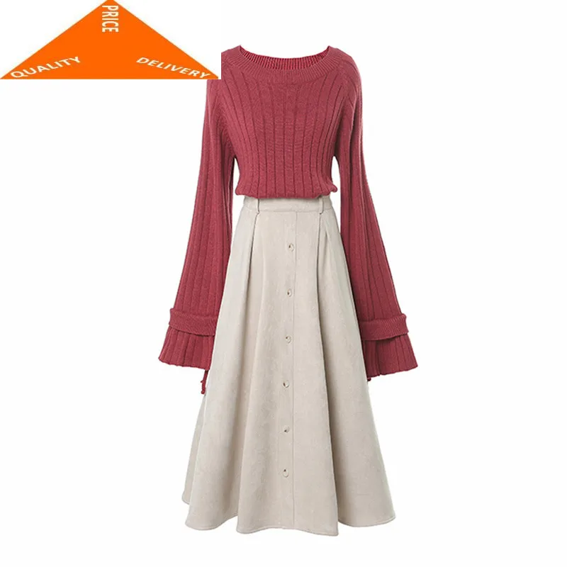 

Fashion 2020 New Women's Autumn Two Piece Set Knitted Top and Skirt Female Casual Suit Winter Sweet Bottom Costume LWL623