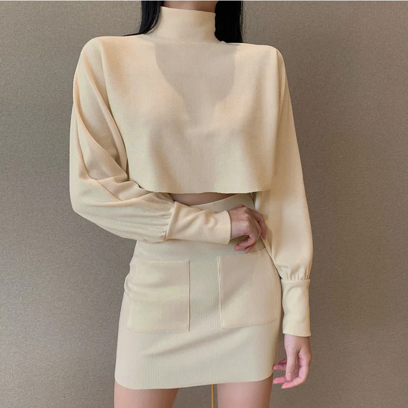 

woman clothes sets crop top with elastic waist skirts 2 pieces sets autumn turtle neck long sleeved tops with pockets mini skirt