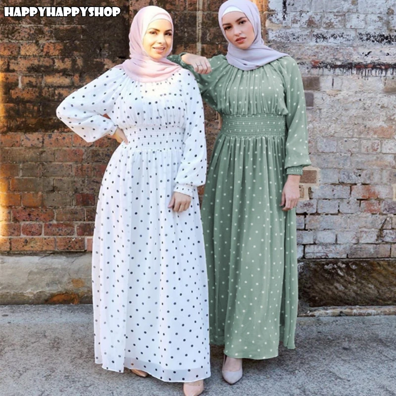 Женское шифоновое платье-Абая летнее мусульманское платье в горошек с