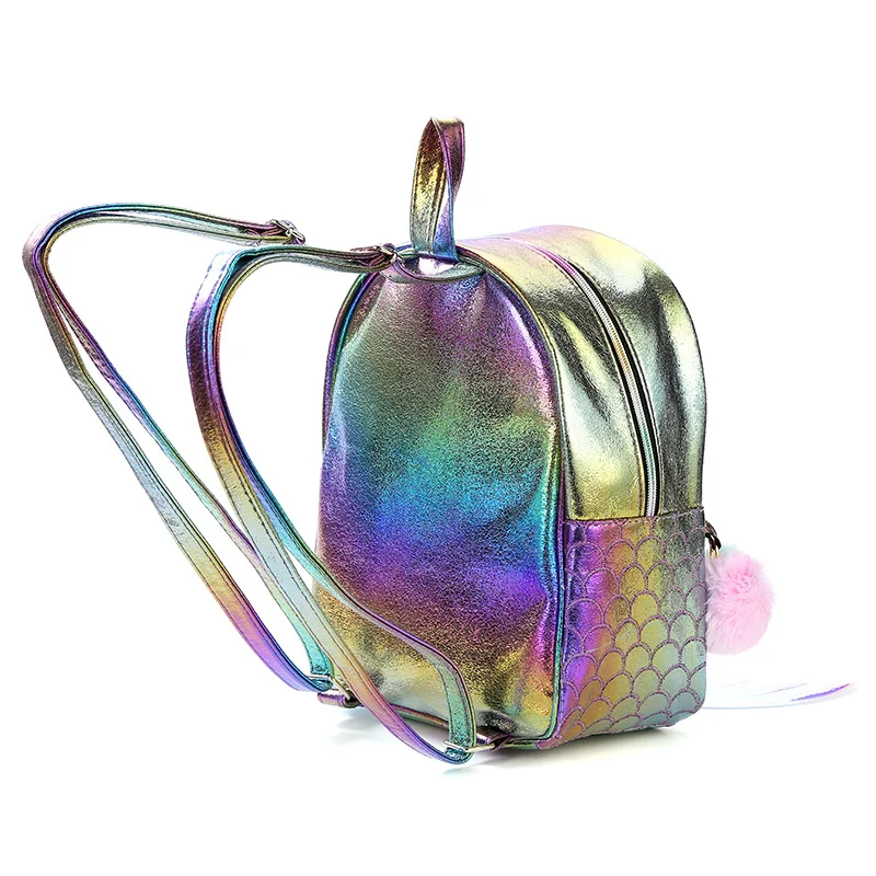 mermaid fish tail Backpack Children Schoolbag for Teenager girl Holographic pu leather bookbag women bag pom casual small bag