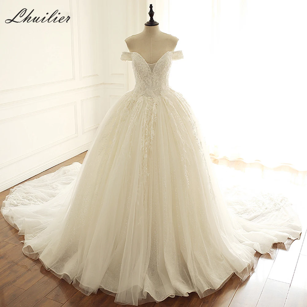 

Lhuilier Women's A-Line Shiny V-Neck Lace Wedding Dresses 2020 Crystal Beaded Off the Shoulder Floor Length Bridal Gowns