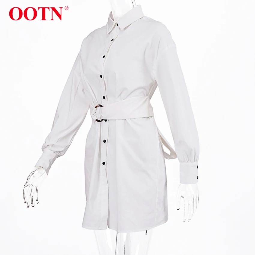 OOTN, отложной воротник, синяя туника, платье-рубашка, женское платье с длинным рукавом и поясом, офисное женское мини-платье, Осень-зима, повседневное белое платье