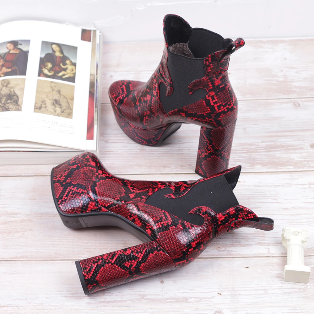 

WETKISS Super High Heel Booties Women Snakeskin Ankle Boots Thick Platform Shoes Woman Winter Boot Chelsea Thick Heel Shoes New