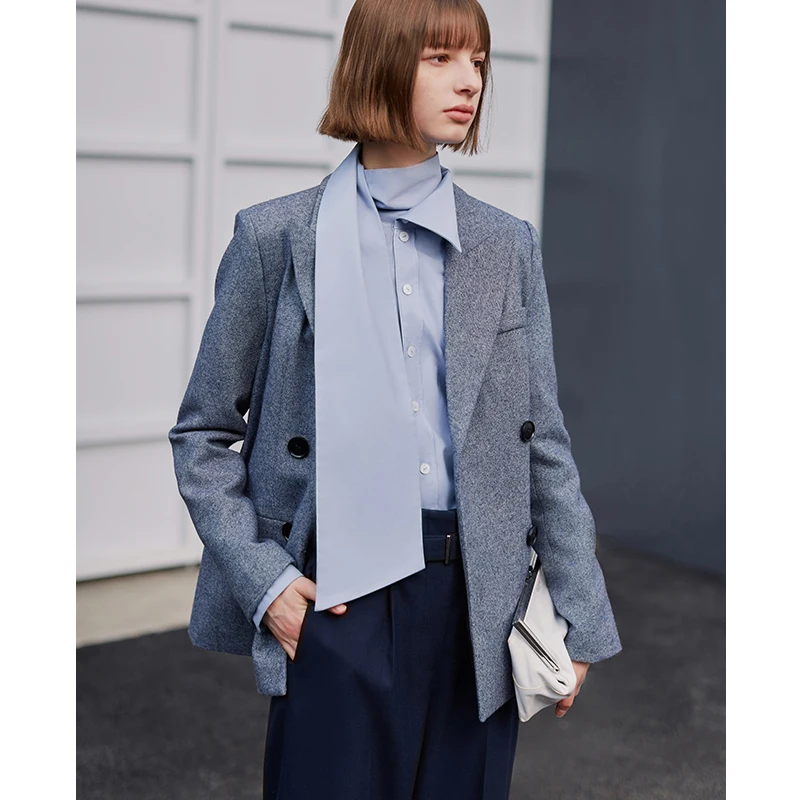 Женский шерстяной Блейзер AEL серый синий пиджак с длинным рукавом и отложным