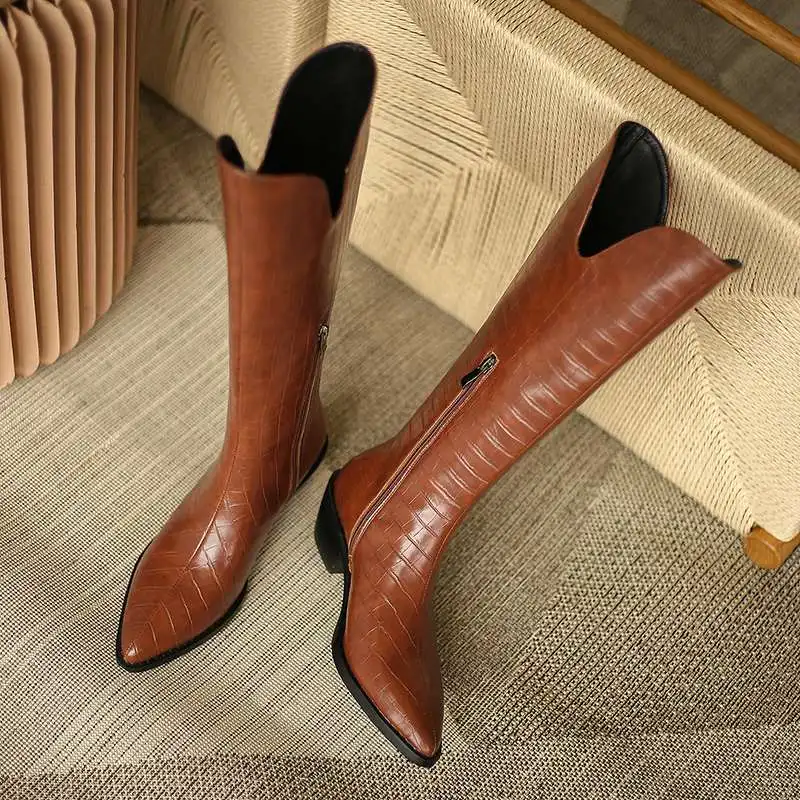

Krazing Pot new arrival western boots pointed toe high heel concise design three colors wild elegant lady knee-high boots L80