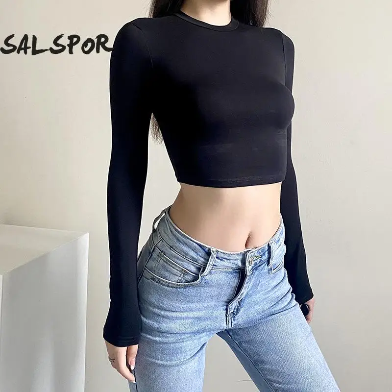 SALSPOR модная спортивная Женская Однотонная футболка с длинным рукавом