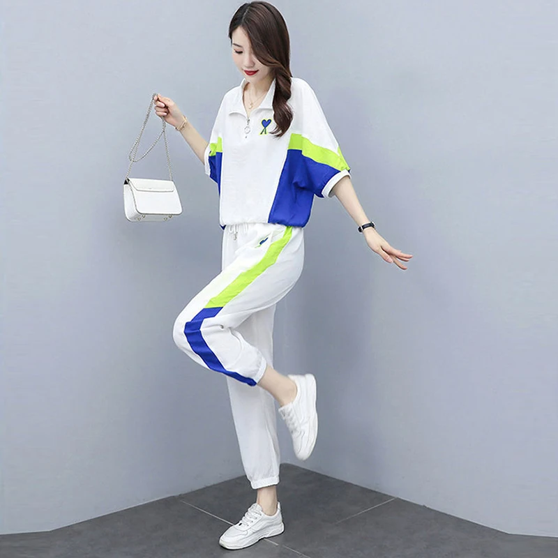 

Summer tracksuit women joggers two piece set Fashion Stand Collar Half sleeve t shirts top+ Drawstring Harem Pants Casual outfit