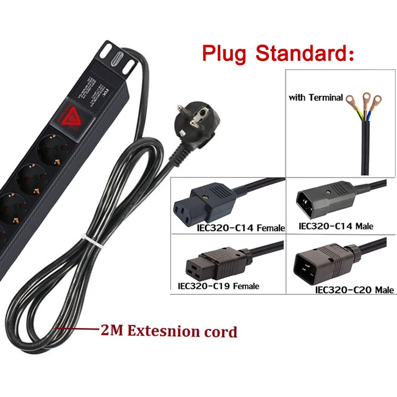 

PDU Cabinet Power Strip 8AC German/French Socket Overload lightningproof Break Switch EU IEC320 C13/14/19/20 Plug 2m Cord