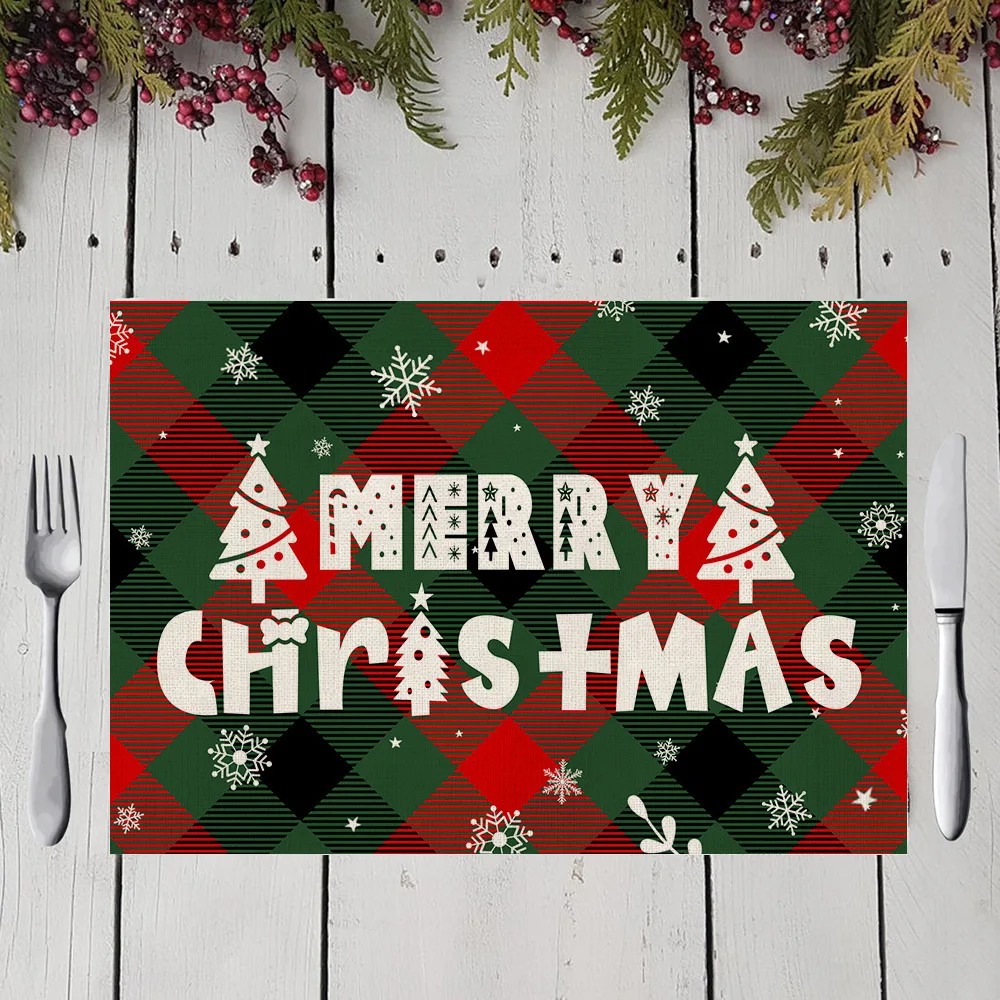 

New Year 2022 Christmas Placemat Table Ornament Printed Cotton And Linen Placemat Kitchen Tableware Dish Mat Gifts For Friend