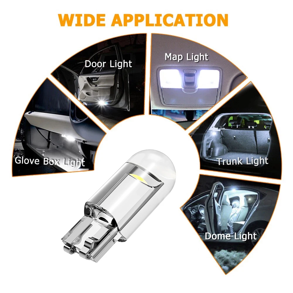 10Pcs/pack 12V W5W 194 T10 Glass Housing Cob Led Car Bulb 6000K 7 Colors Wedge License Plate Lamp Dome Indicator Reading Light | Автомобили