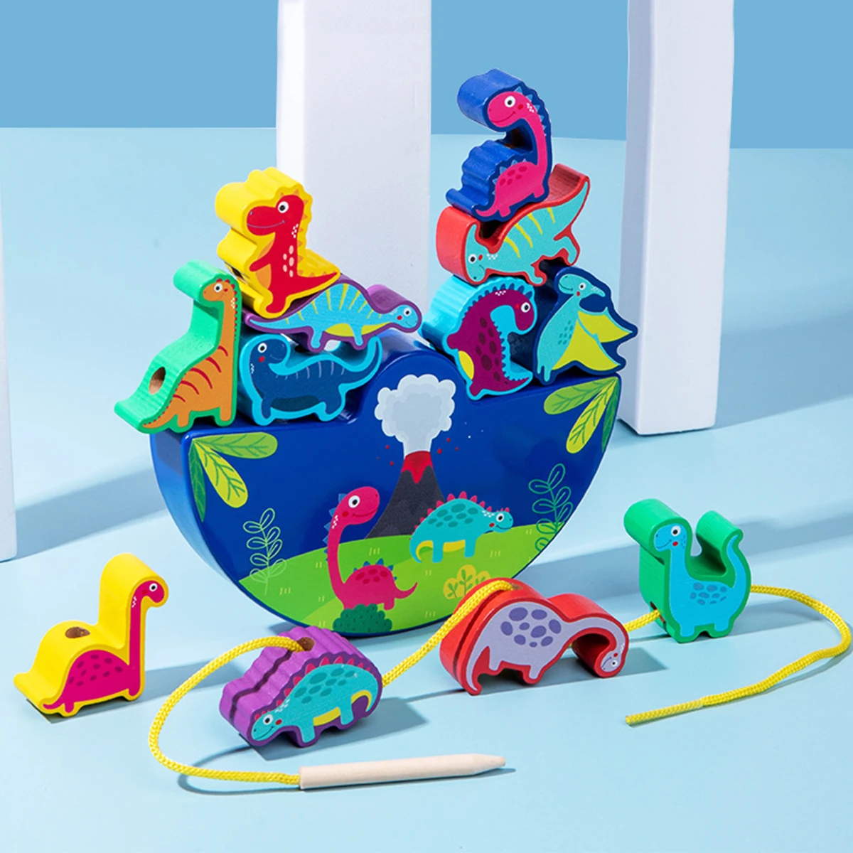 Деревянные строительные блоки Монтессори для баланса животных игрушка-нитка