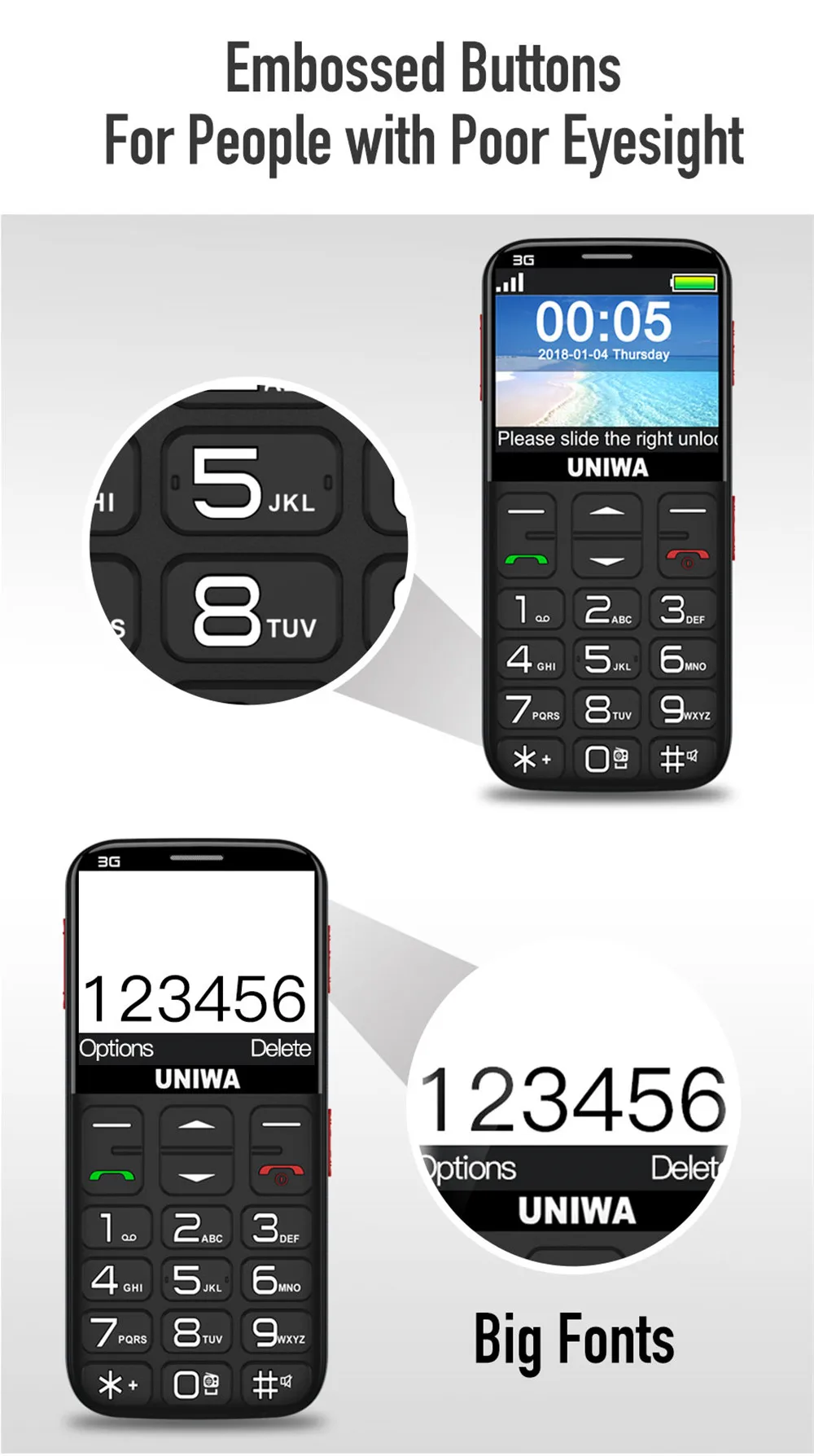 UNIWA V808G Mobile Phone Russian Keyboard 3G WCDMA Phone Strong Torch Senior Cellphone Elderly Big SOS Push-Button Phone Old Man