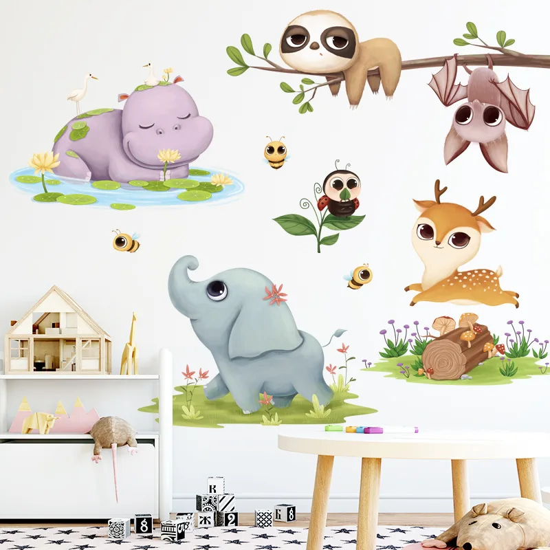 

Cartoon Animal Wall Stickers Kids Room Nursery Wall Decoration Aesthetics Elephant Hippo Deer Bedroom Decor Nursery Wallstickers