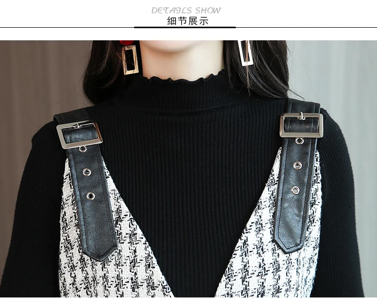 Женское однобортное платье на бретельках клетчатое твидовое вечернее с v образным вырезом Осень зима