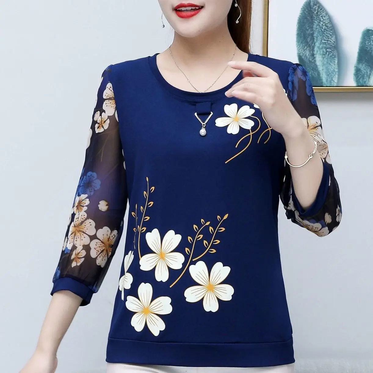 M-5XL шифоновые футболки с рукавами женские модные рукавом 3/4 и круглым вырезом