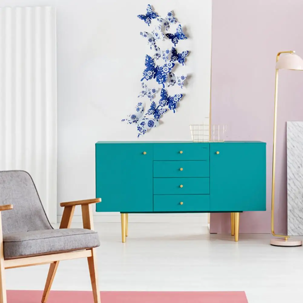 12 шт. синий и белый фарфор 3D бабочки настенные наклейки для спальни холодильник