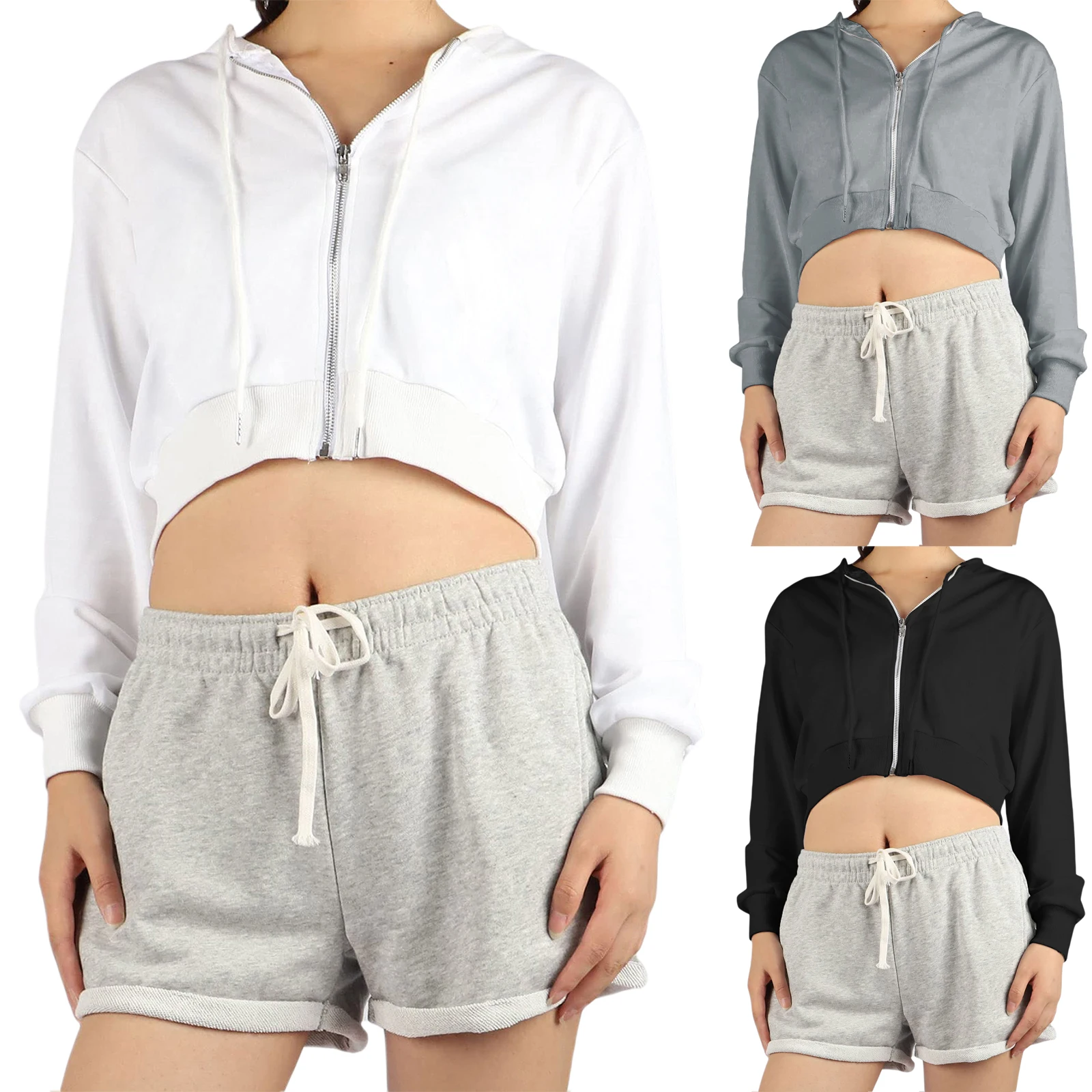 

Womens Polyester Autumn Casual Zip Up Hoodies Long Sleeve Solid Color Drawstring Classic Fit Sweatshirts