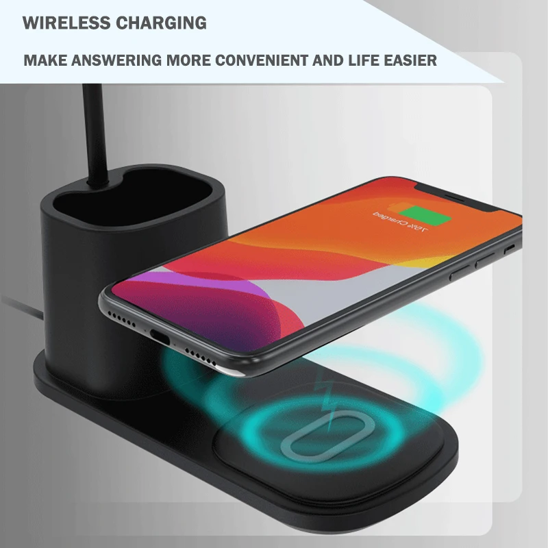 

Phone Charger LED Table Lamp With Pen Holder Qi Wireless Charging For iPhone 12 Mini 11 Pro XS Max Samsung S10 S9 S20 Note10 9