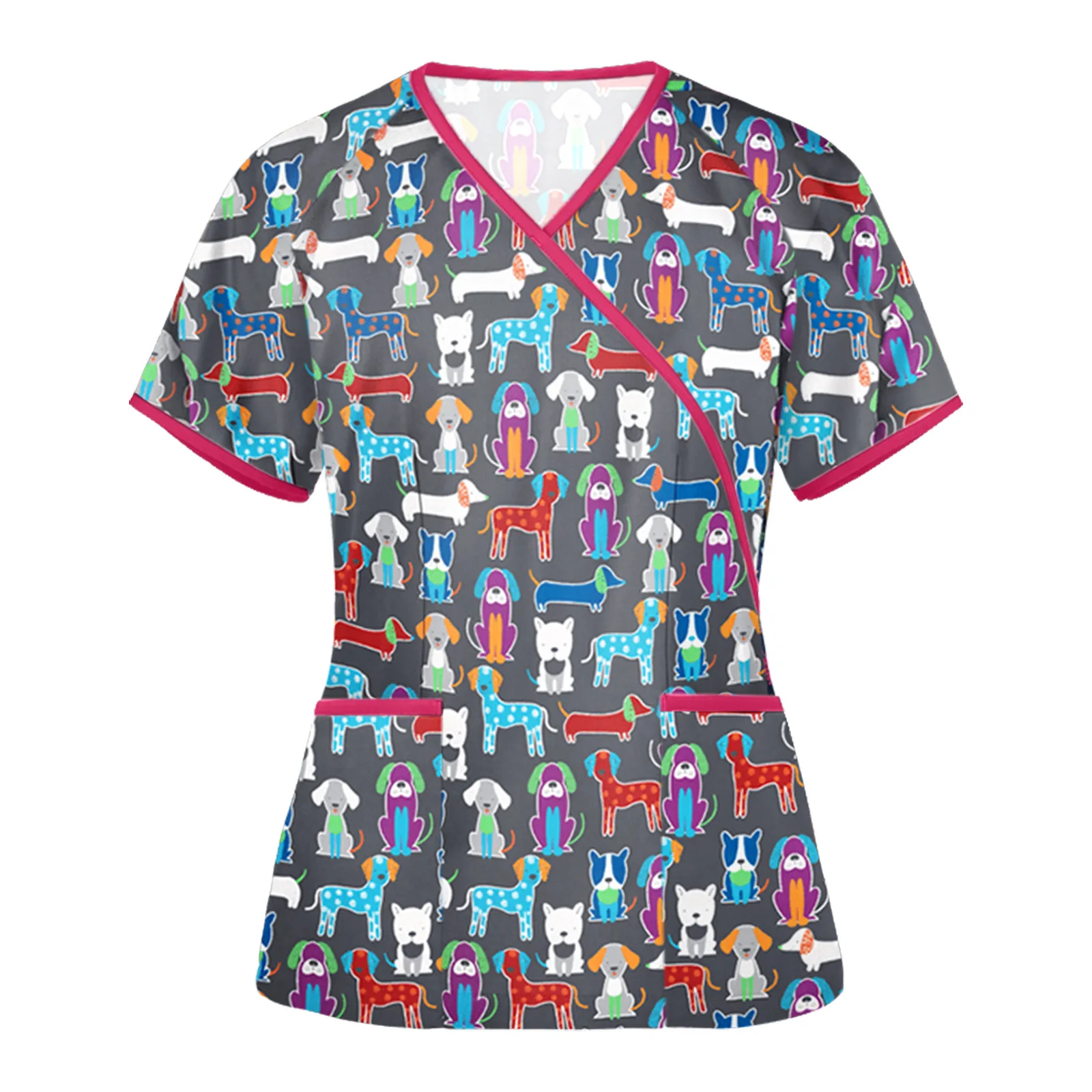 

2021 New Nurse Outfit Animal Color Print Shirt V-neck Short-sleeved Bottoming T-shirt Women Graphic T Shirts Women Clothing Tops